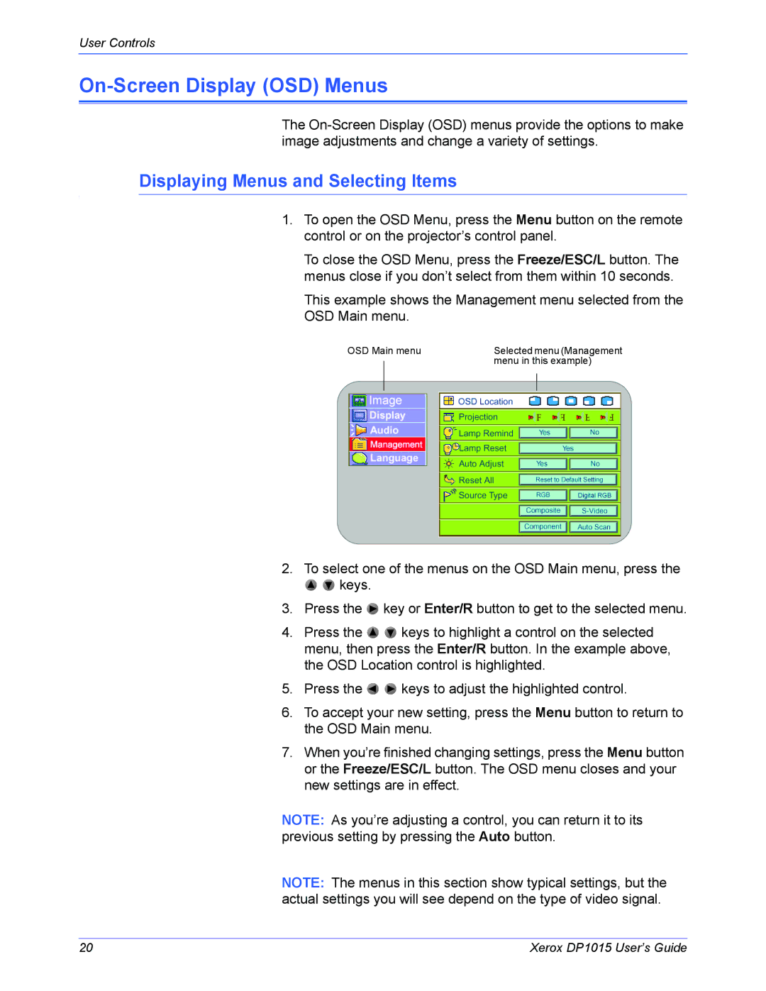 Xerox DP 1015 manual On-Screen Display OSD Menus, Displaying Menus and Selecting Items 