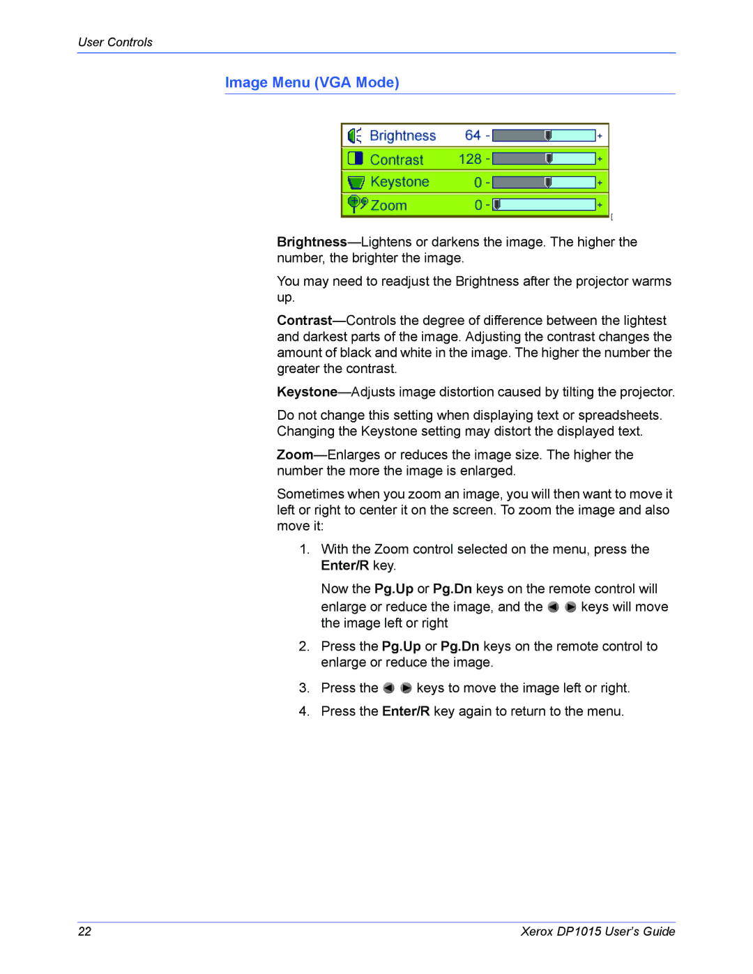 Xerox DP 1015 manual Image Menu VGA Mode 