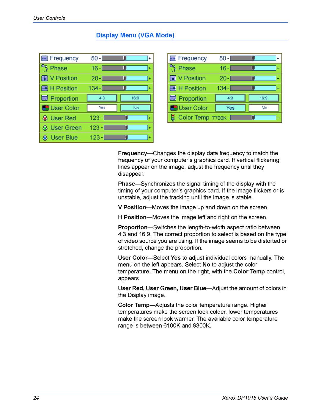 Xerox DP 1015 manual Display Menu VGA Mode 