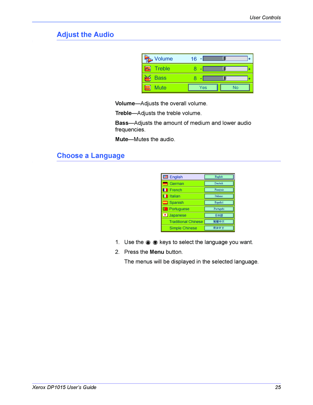 Xerox DP 1015 manual Adjust the Audio, Choose a Language 