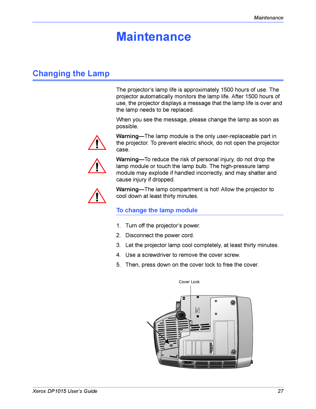 Xerox DP 1015 manual Maintenance, Changing the Lamp, To change the lamp module 