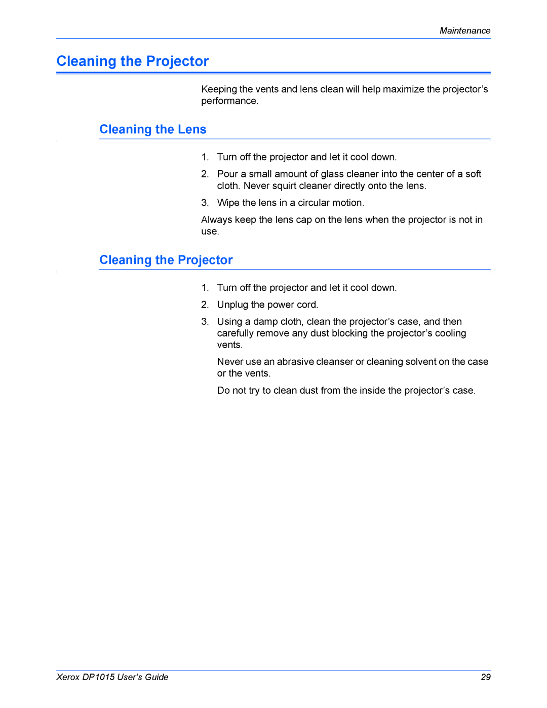 Xerox DP 1015 manual Cleaning the Projector, Cleaning the Lens 