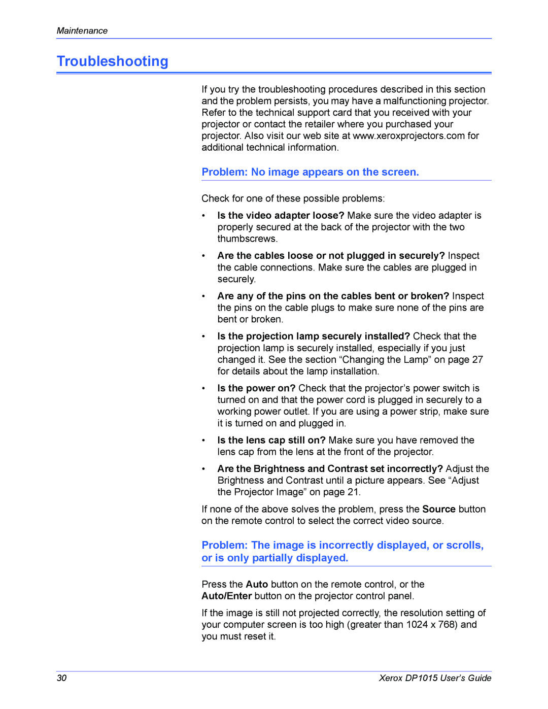 Xerox DP 1015 manual Troubleshooting, Problem No image appears on the screen 