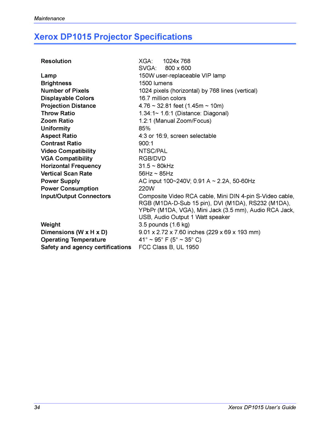 Xerox DP 1015 manual Xerox DP1015 Projector Specifications, Input/Output Connectors 