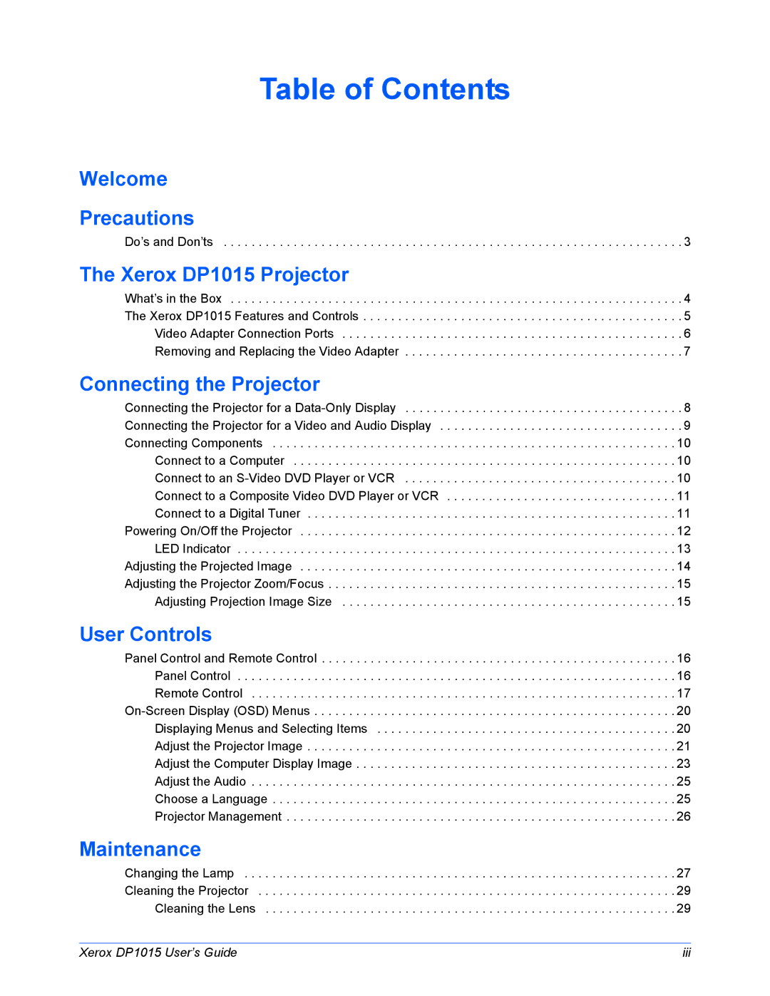 Xerox DP 1015 manual Table of Contents 