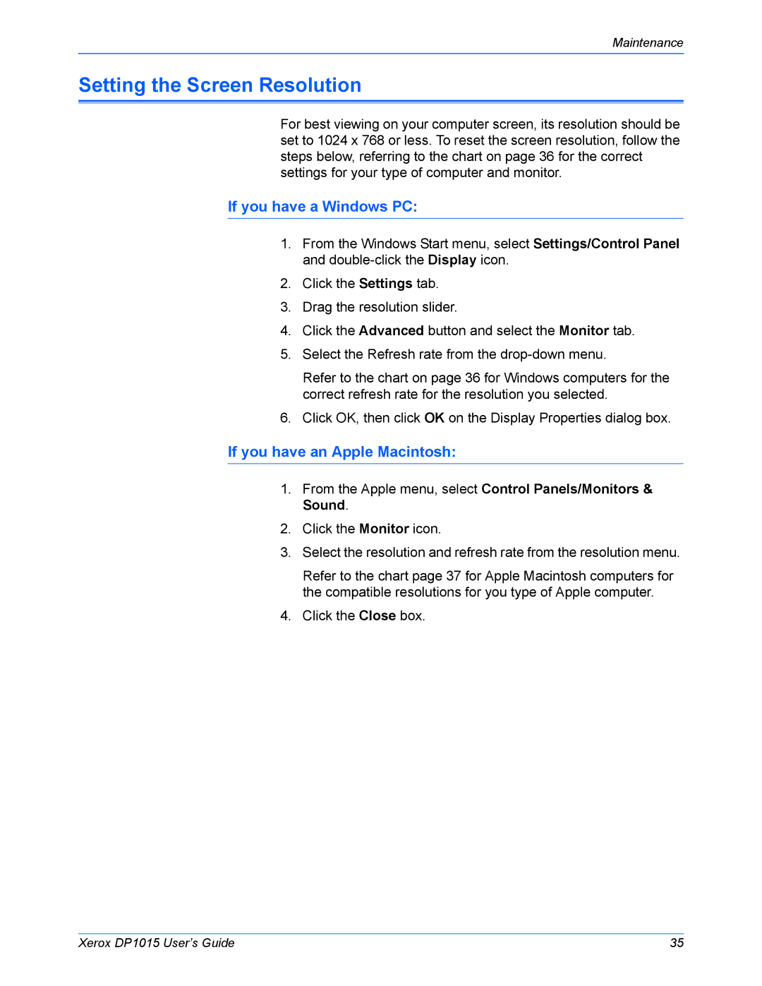 Xerox DP 1015 manual Setting the Screen Resolution, If you have a Windows PC, If you have an Apple Macintosh 