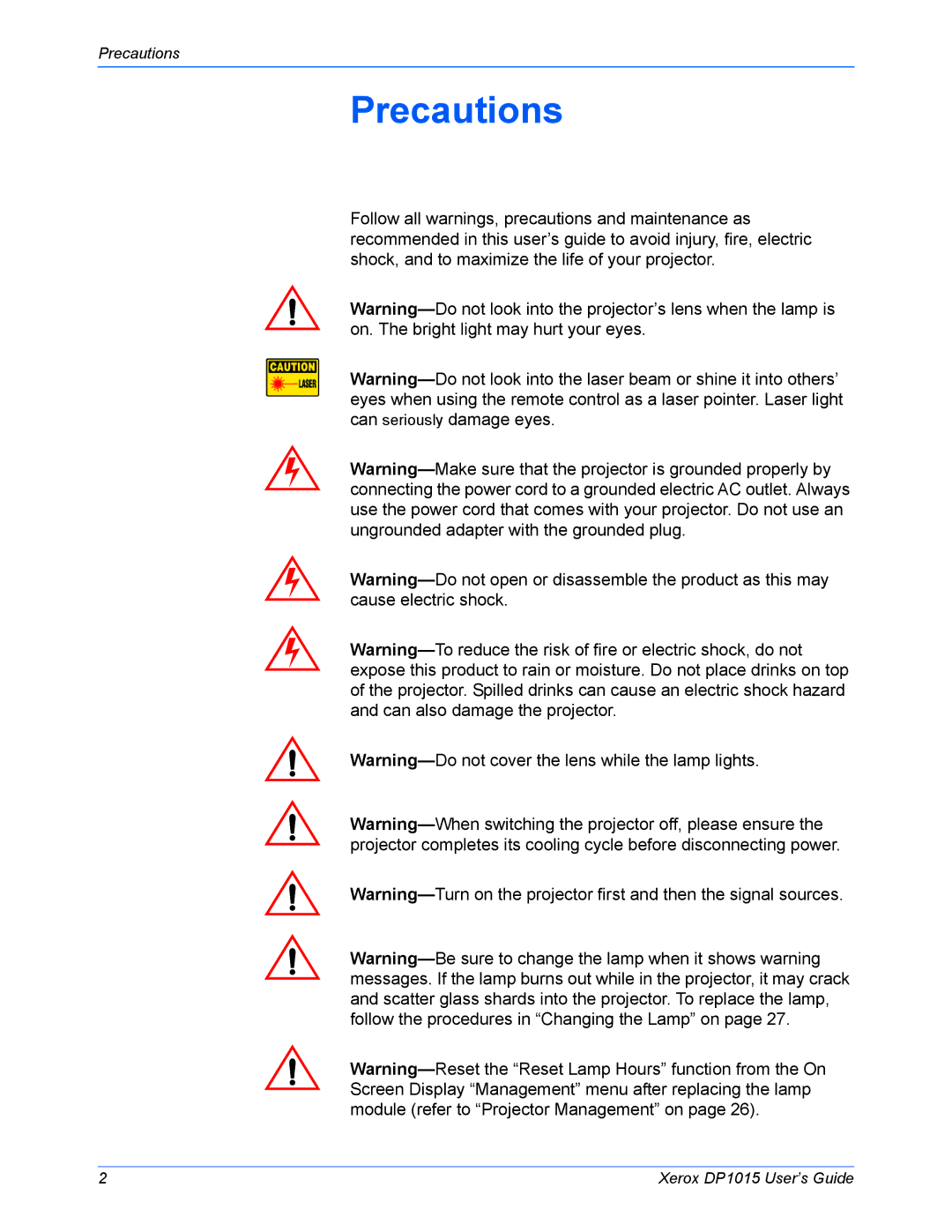 Xerox DP 1015 manual Precautions 