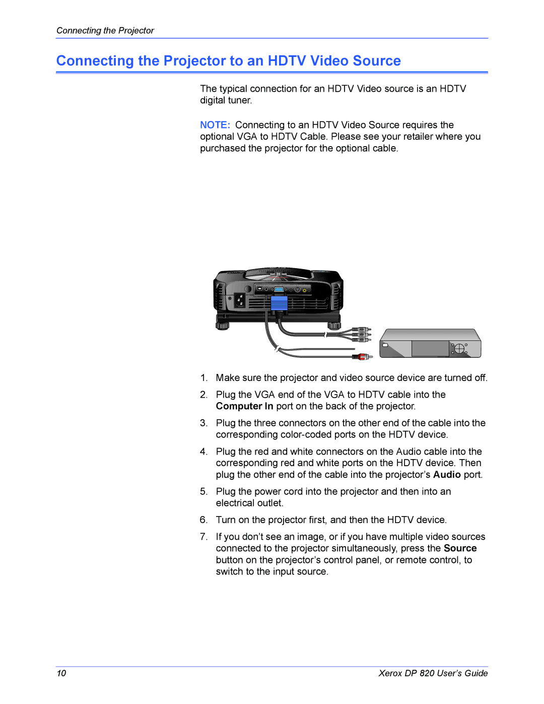 Xerox DP 820 manual Connecting the Projector to an Hdtv Video Source 