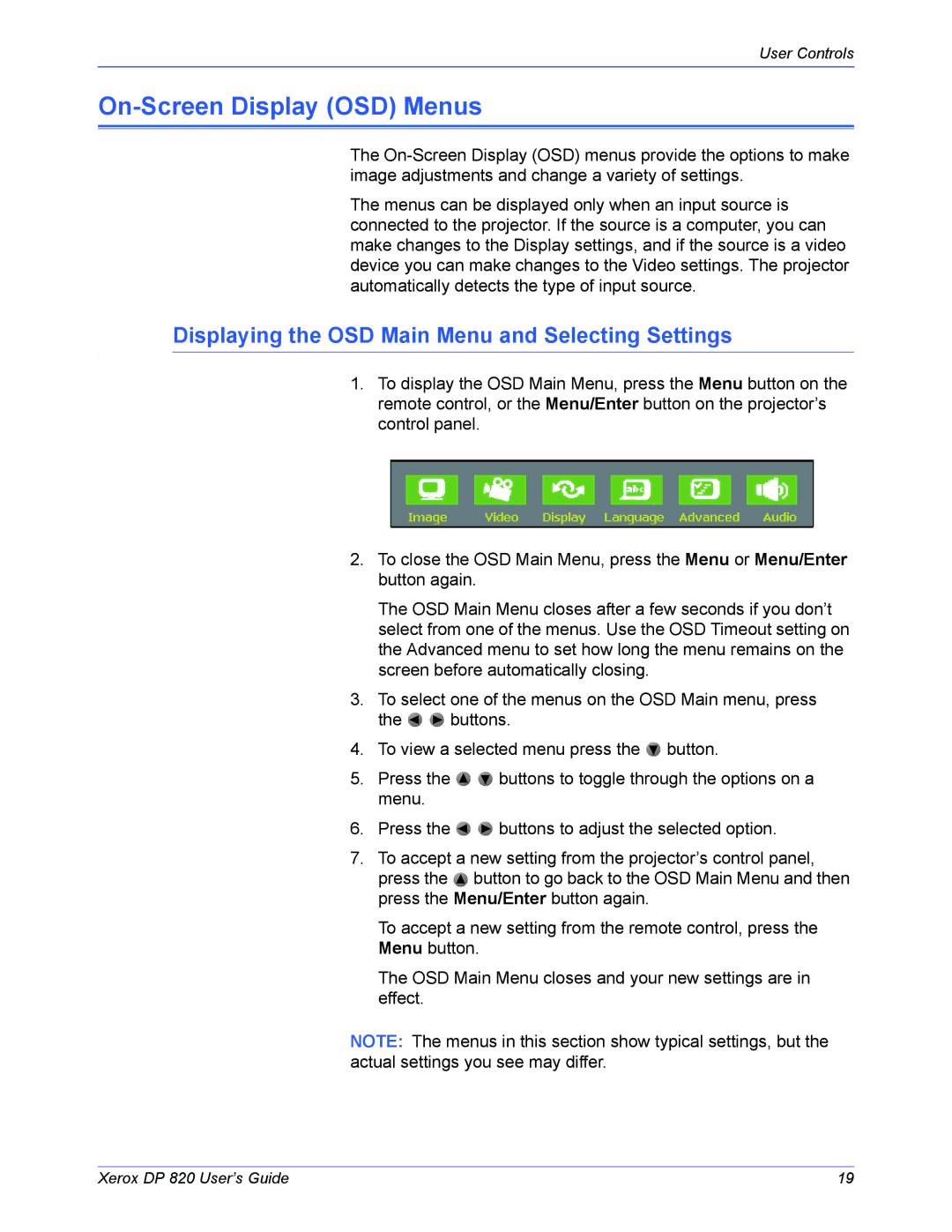 Xerox DP 820 manual On-Screen Display OSD Menus, Displaying the OSD Main Menu and Selecting Settings 