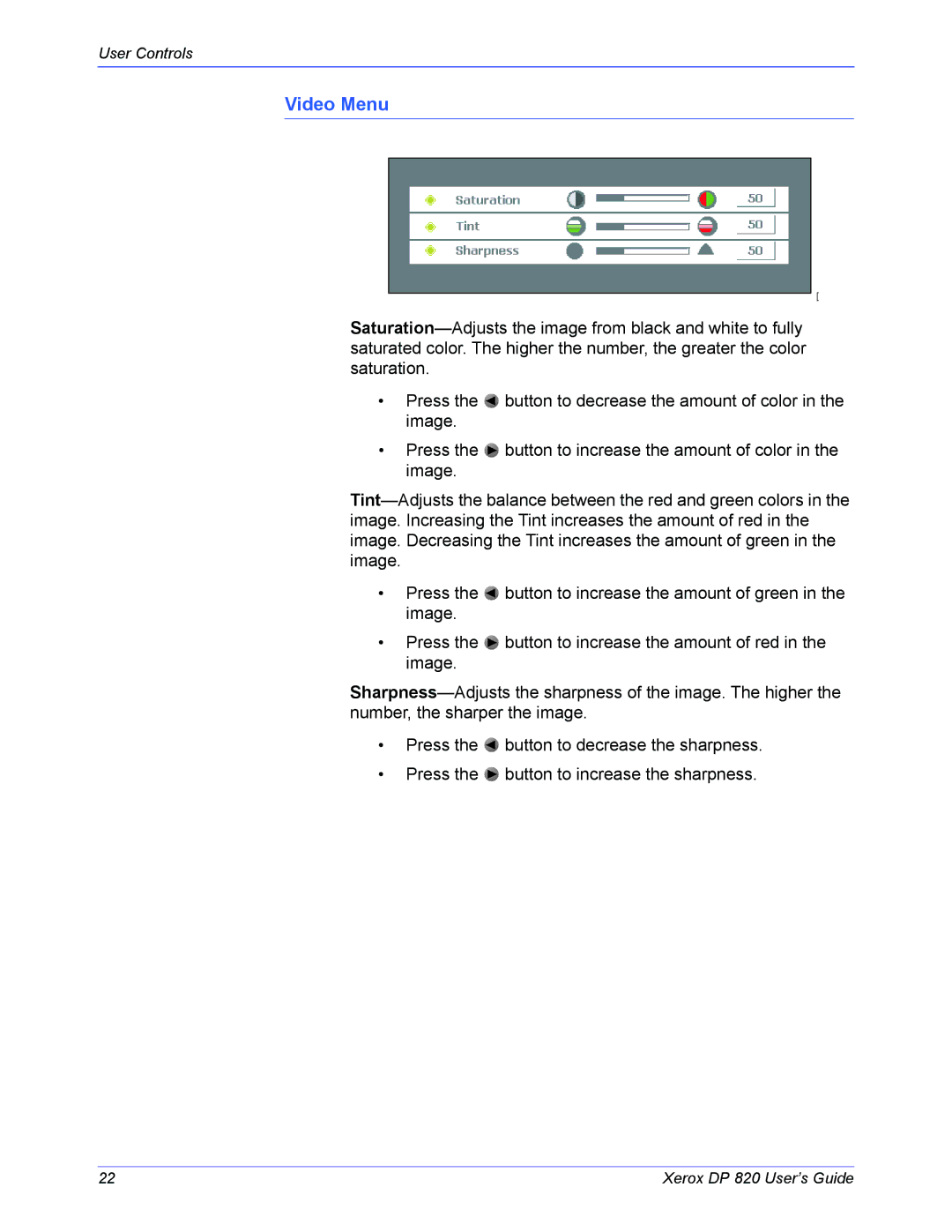 Xerox DP 820 manual Video Menu 