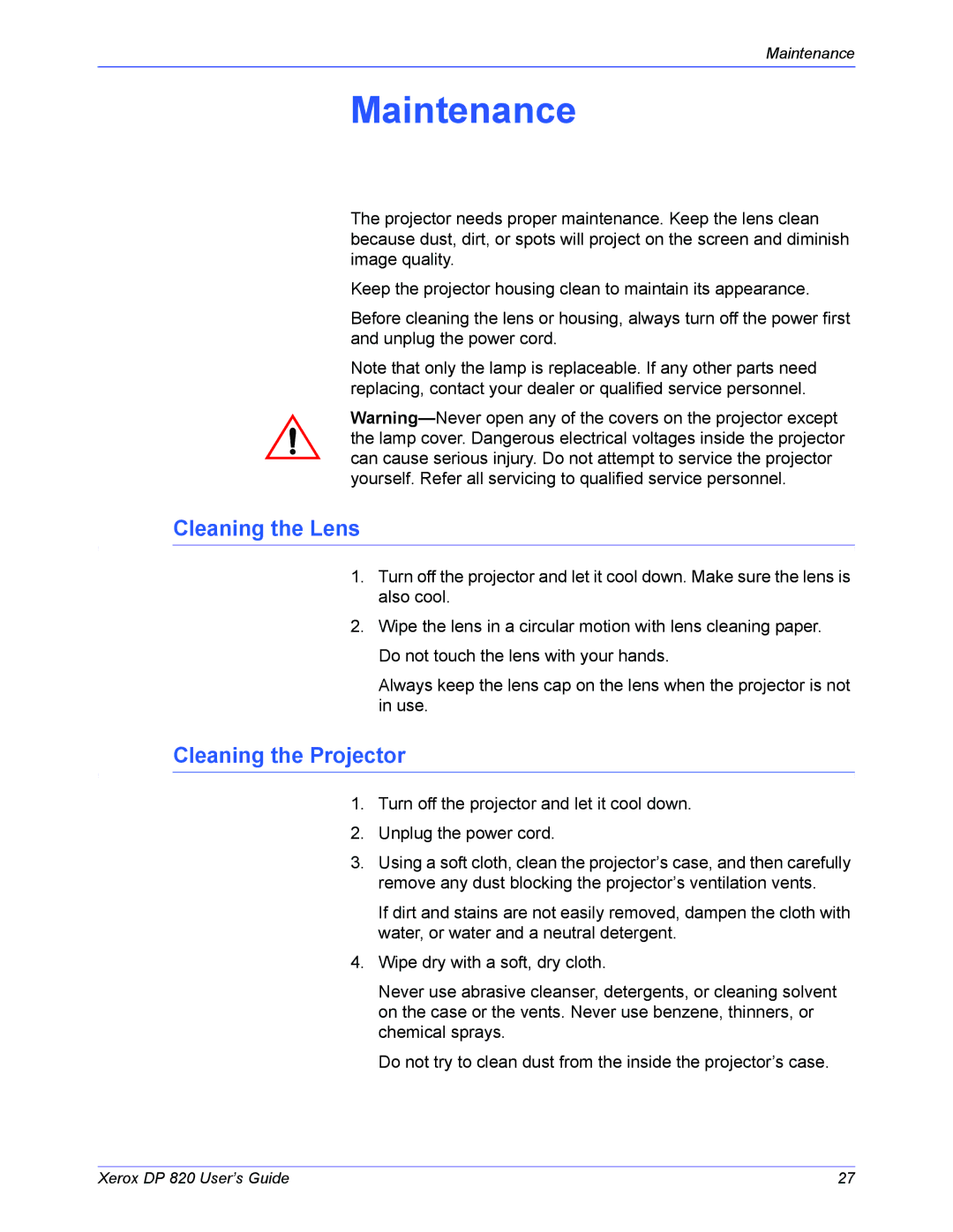 Xerox DP 820 manual Maintenance, Cleaning the Lens, Cleaning the Projector 