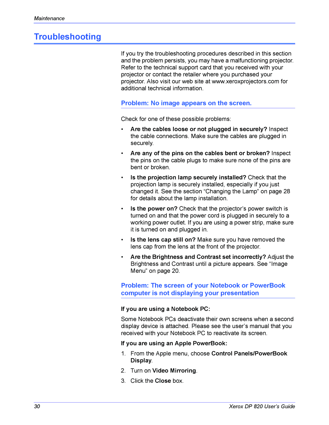 Xerox DP 820 manual Troubleshooting, Problem No image appears on the screen 