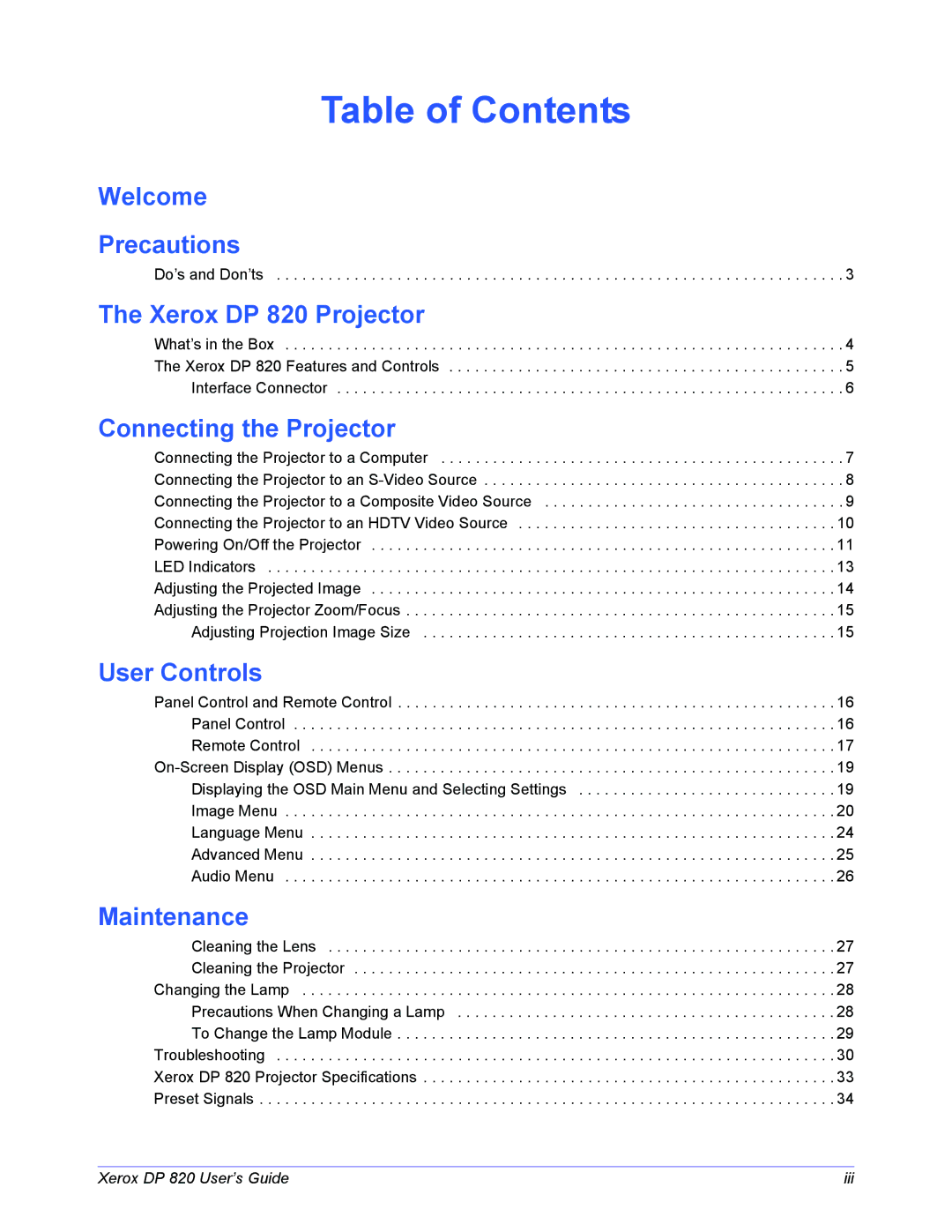 Xerox DP 820 manual Table of Contents 