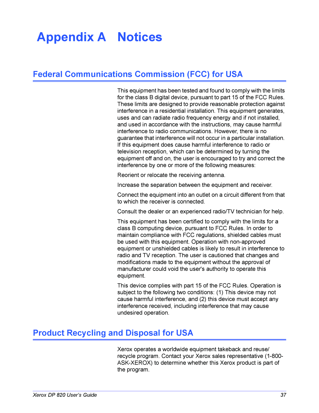 Xerox DP 820 Appendix a Notices, Federal Communications Commission FCC for USA, Product Recycling and Disposal for USA 