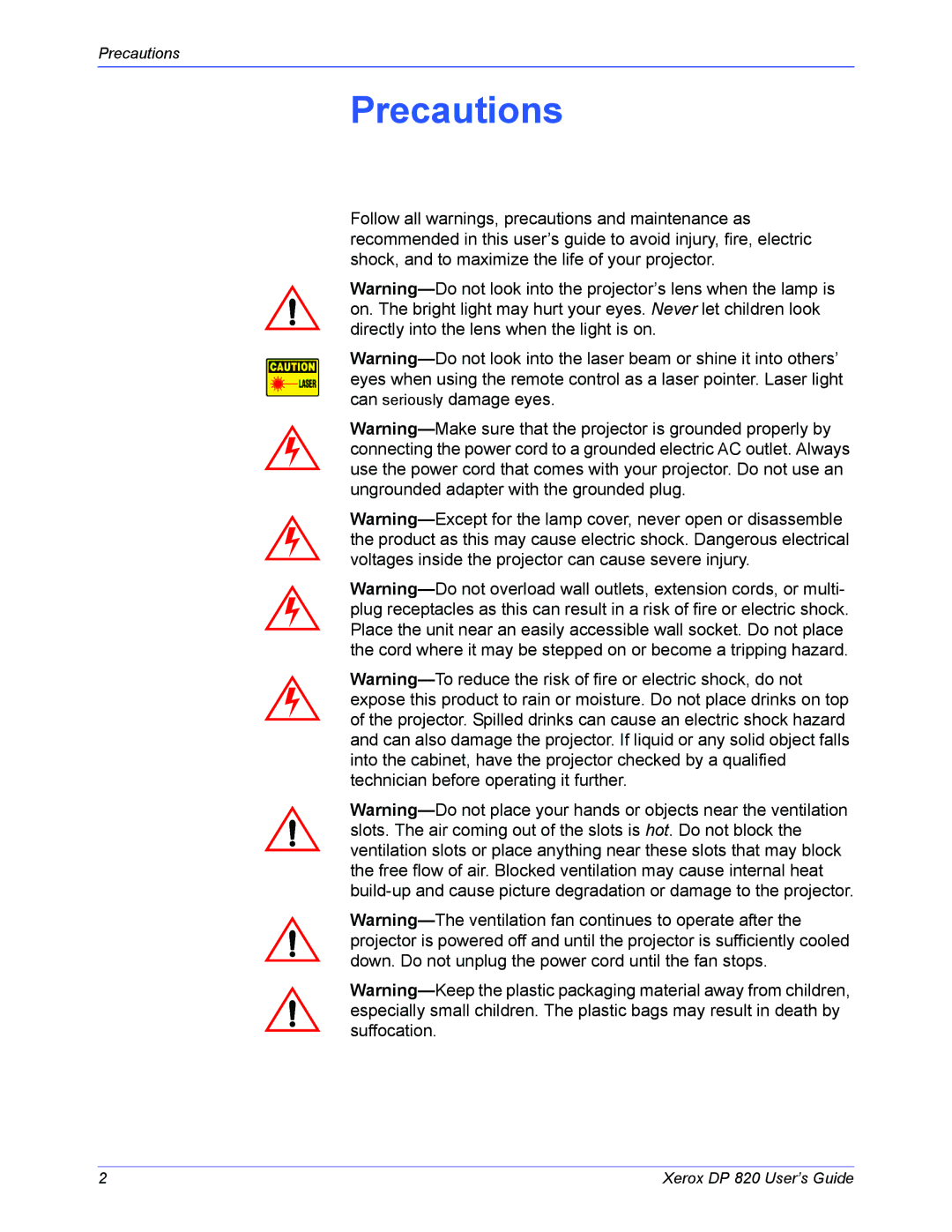 Xerox DP 820 manual Precautions 