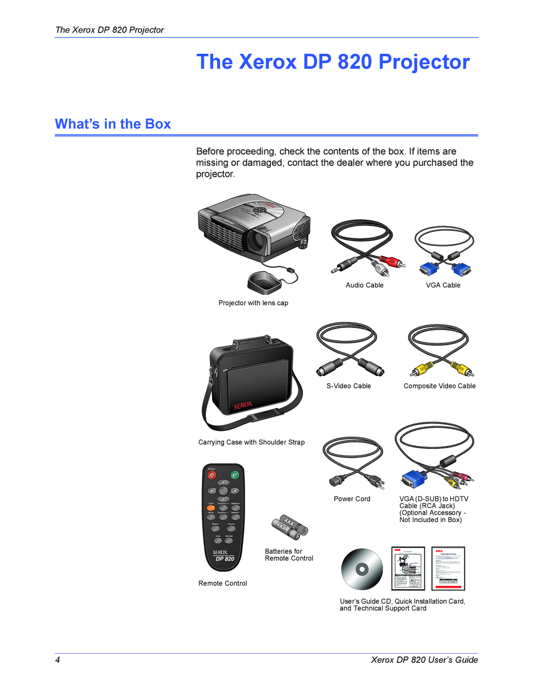 Xerox manual Xerox DP 820 Projector, What’s in the Box 