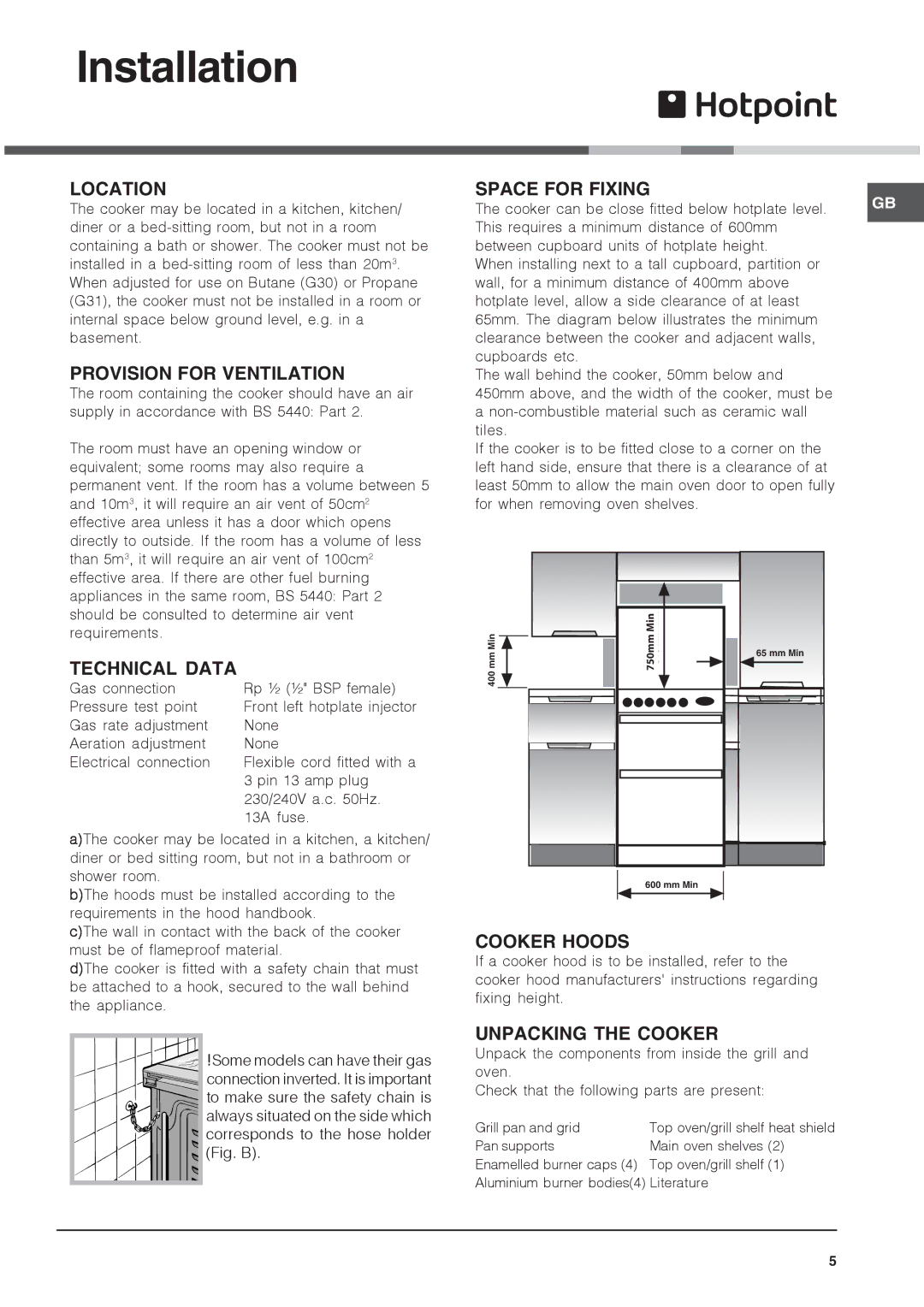 Xerox DSG60S Location, Provision for Ventilation, Technical Data, Space for Fixing, Cooker Hoods, Unpacking the Cooker 