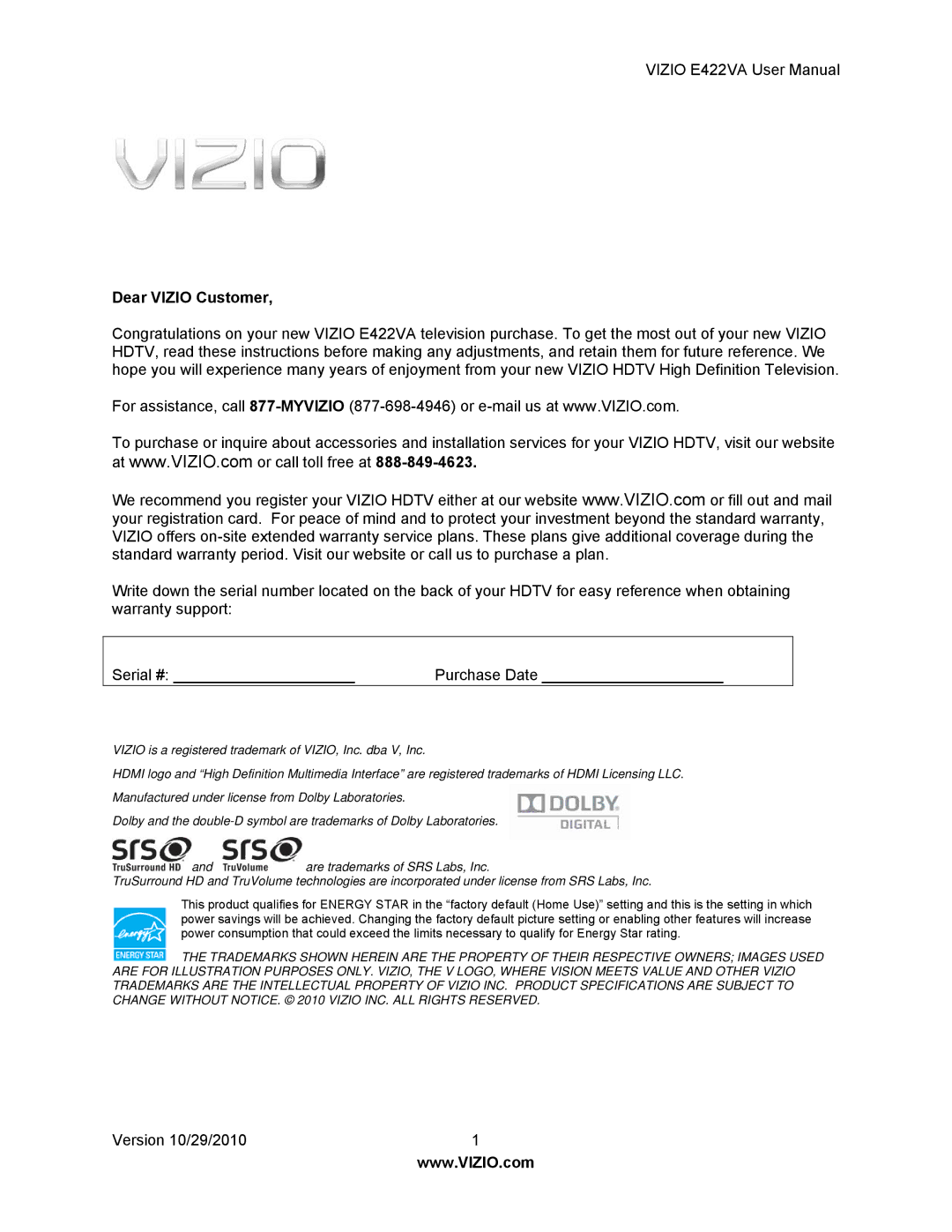 Xerox E422VA user manual Dear Vizio Customer 