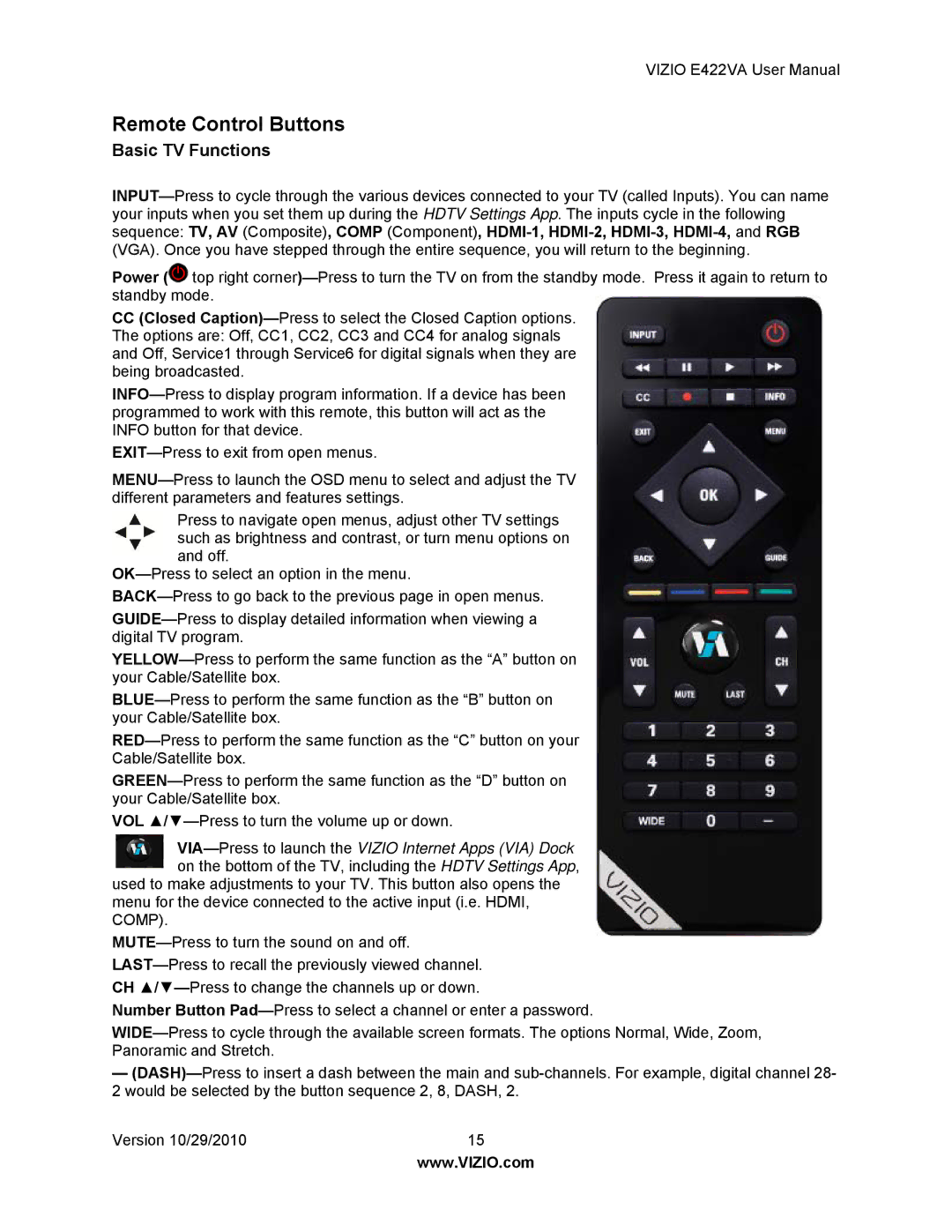 Xerox E422VA user manual Remote Control Buttons, Basic TV Functions 