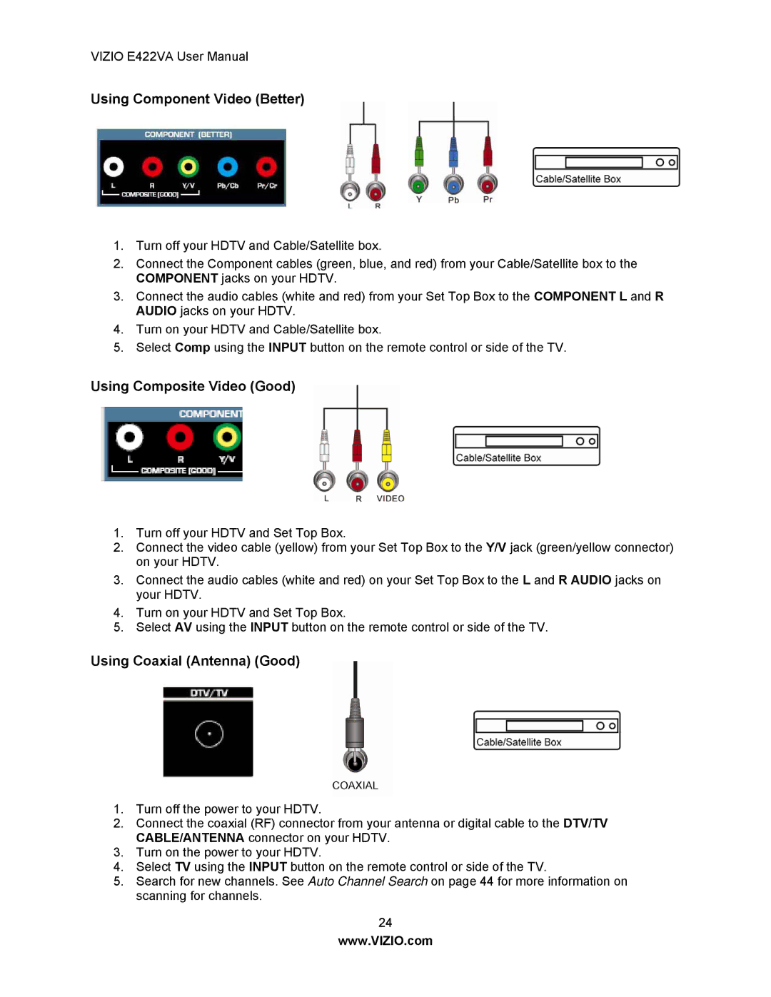 Xerox E422VA user manual Using Component Video Better, Using Composite Video Good, Using Coaxial Antenna Good 