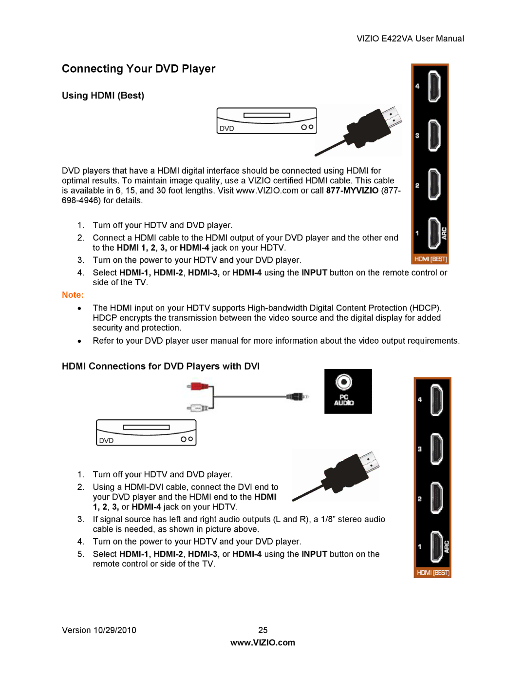 Xerox E422VA user manual Connecting Your DVD Player, Hdmi Connections for DVD Players with DVI 