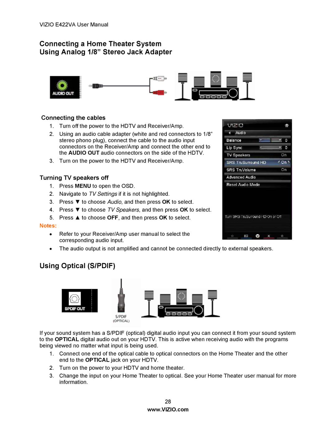 Xerox E422VA user manual Using Optical S/PDIF, Connecting the cables, Turning TV speakers off 