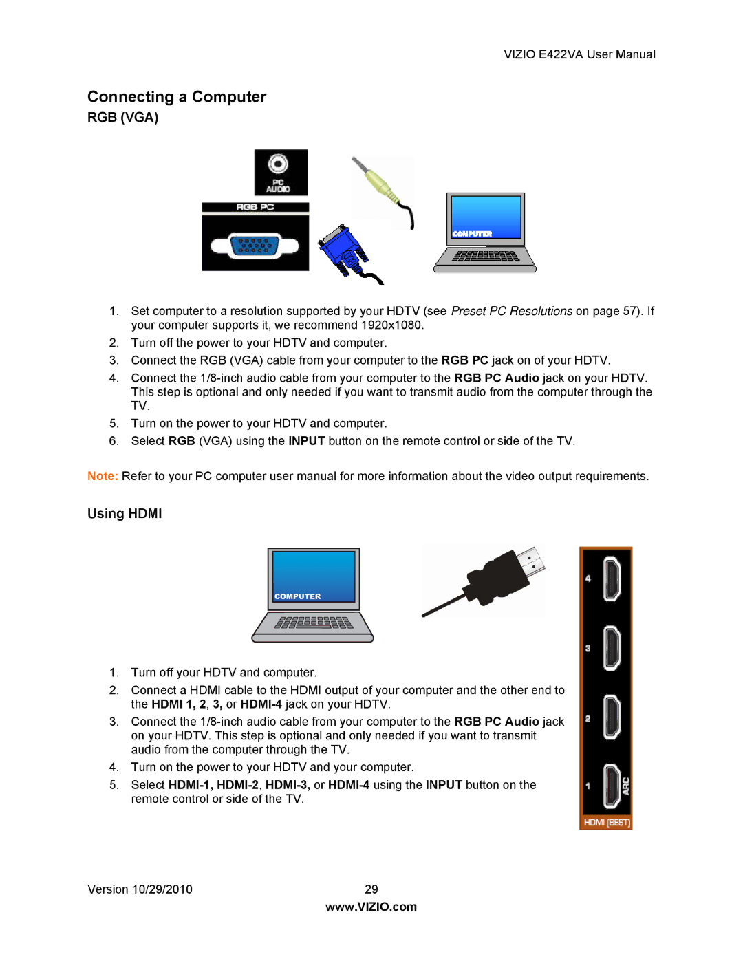 Xerox E422VA user manual Connecting a Computer, Using Hdmi 