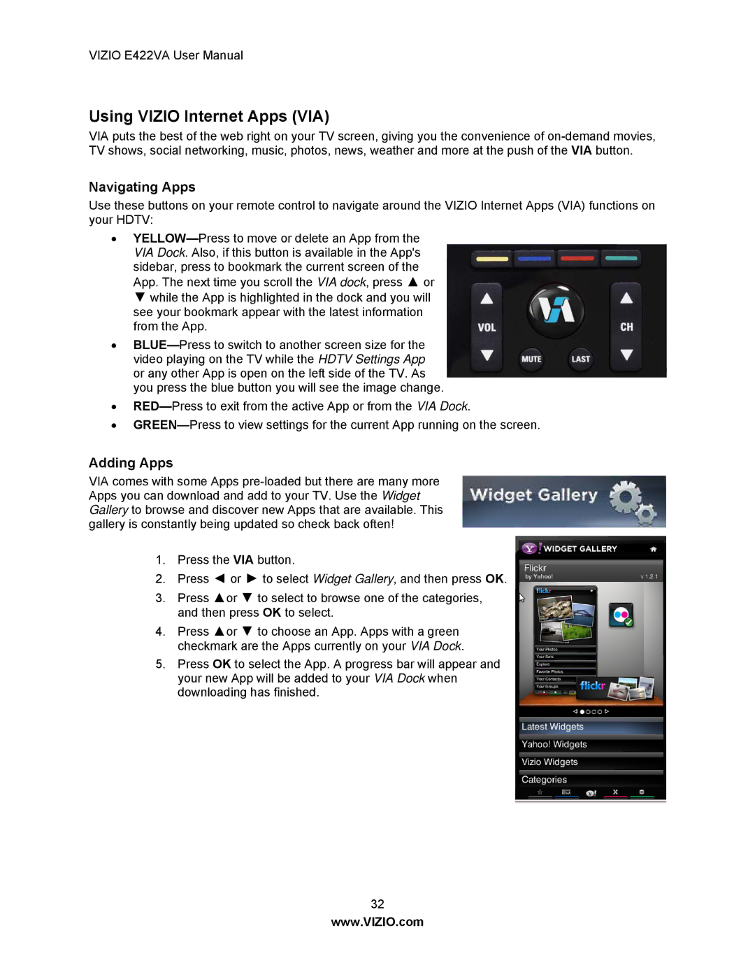 Xerox E422VA user manual Using Vizio Internet Apps VIA, Navigating Apps, Adding Apps 