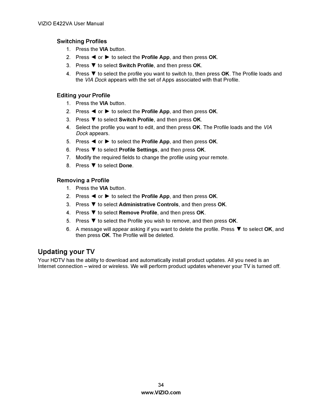 Xerox E422VA user manual Updating your TV, Switching Profiles, Editing your Profile, Removing a Profile 