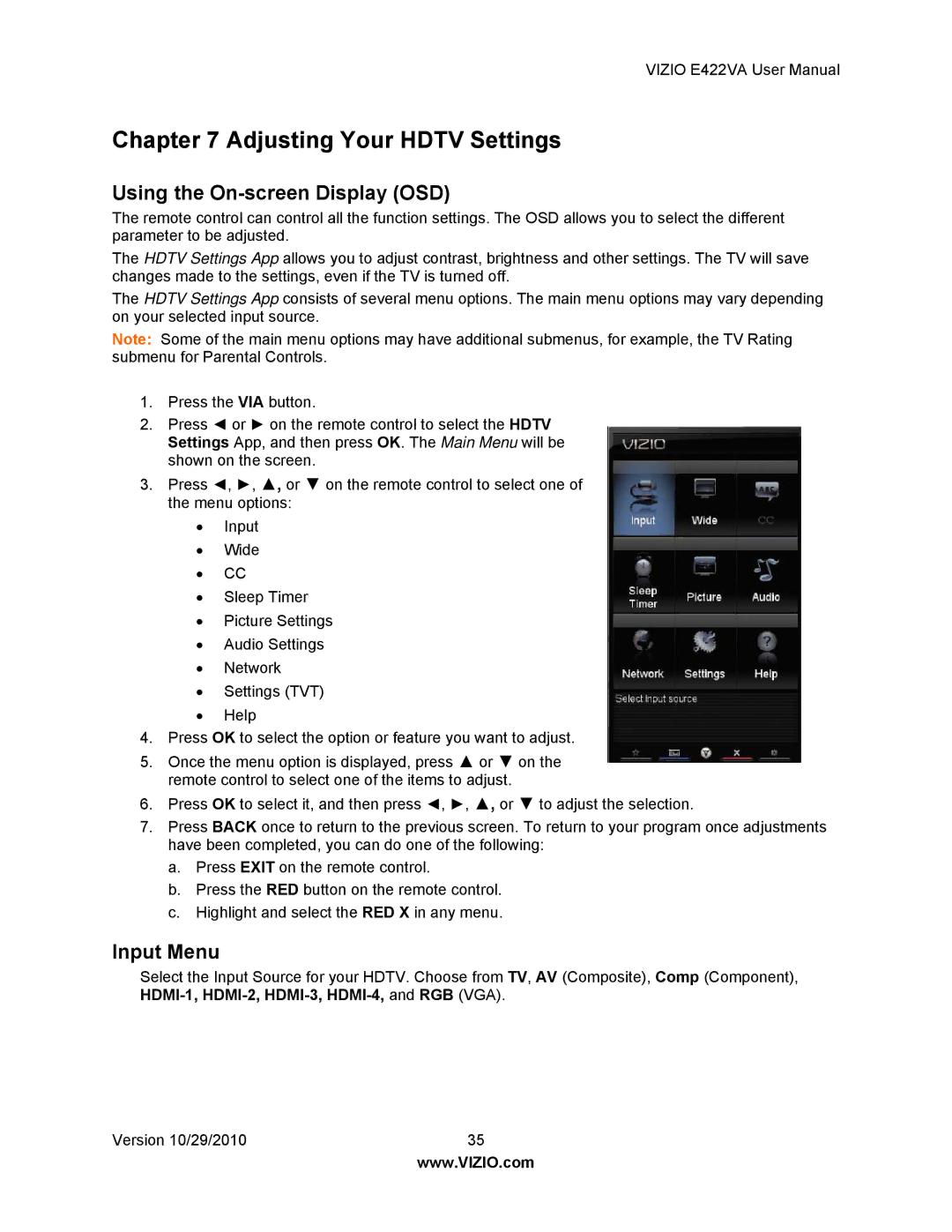 Xerox E422VA user manual Using the On-screen Display OSD, Input Menu 