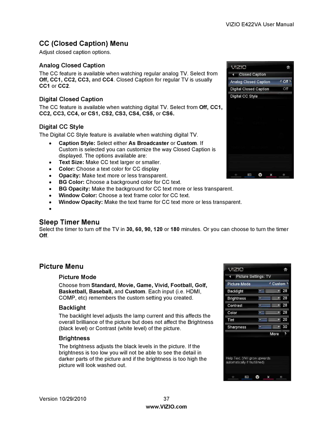 Xerox E422VA user manual CC Closed Caption Menu, Sleep Timer Menu, Picture Menu 