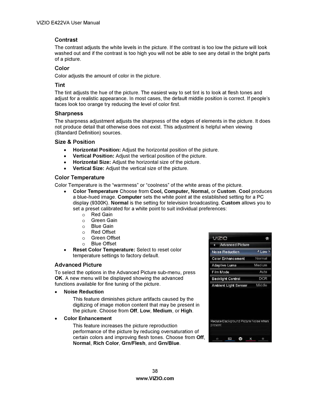 Xerox E422VA user manual Contrast, Tint, Sharpness, Size & Position, Color Temperature, Advanced Picture 