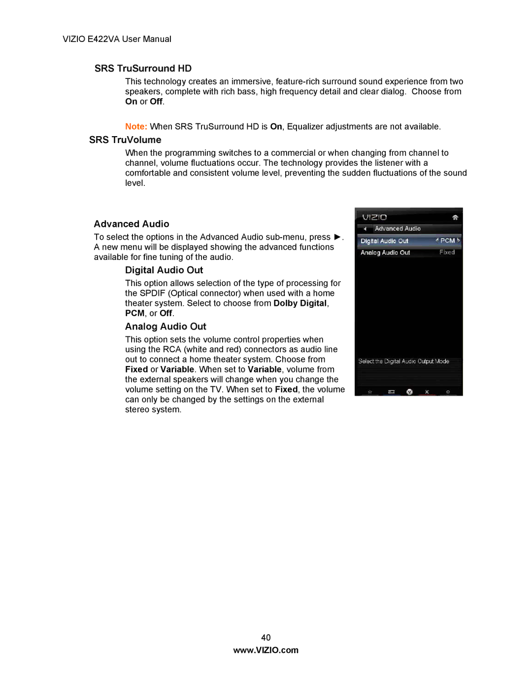 Xerox E422VA user manual SRS TruSurround HD, SRS TruVolume, Advanced Audio, Digital Audio Out, Analog Audio Out 