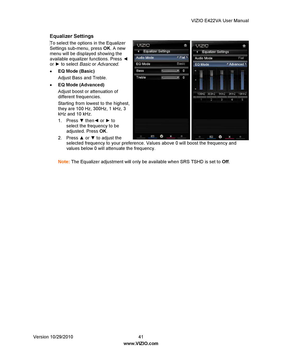 Xerox E422VA user manual Equalizer Settings, EQ Mode Basic Adjust Bass and Treble EQ Mode Advanced 