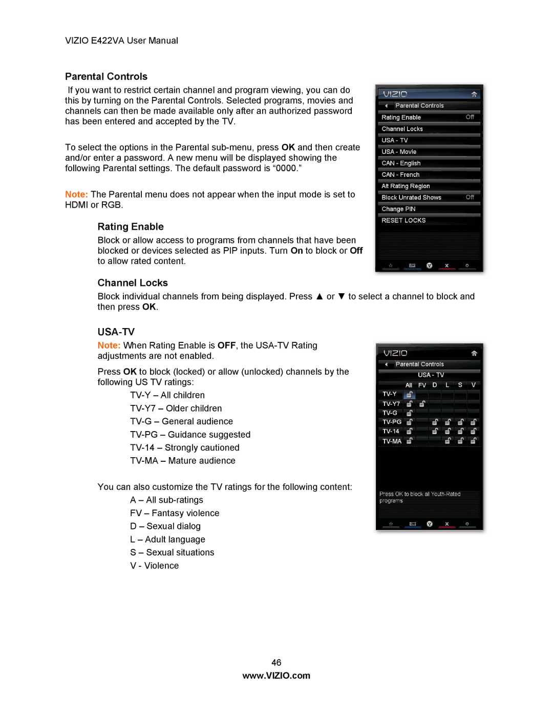 Xerox E422VA user manual Parental Controls, Rating Enable, Channel Locks 