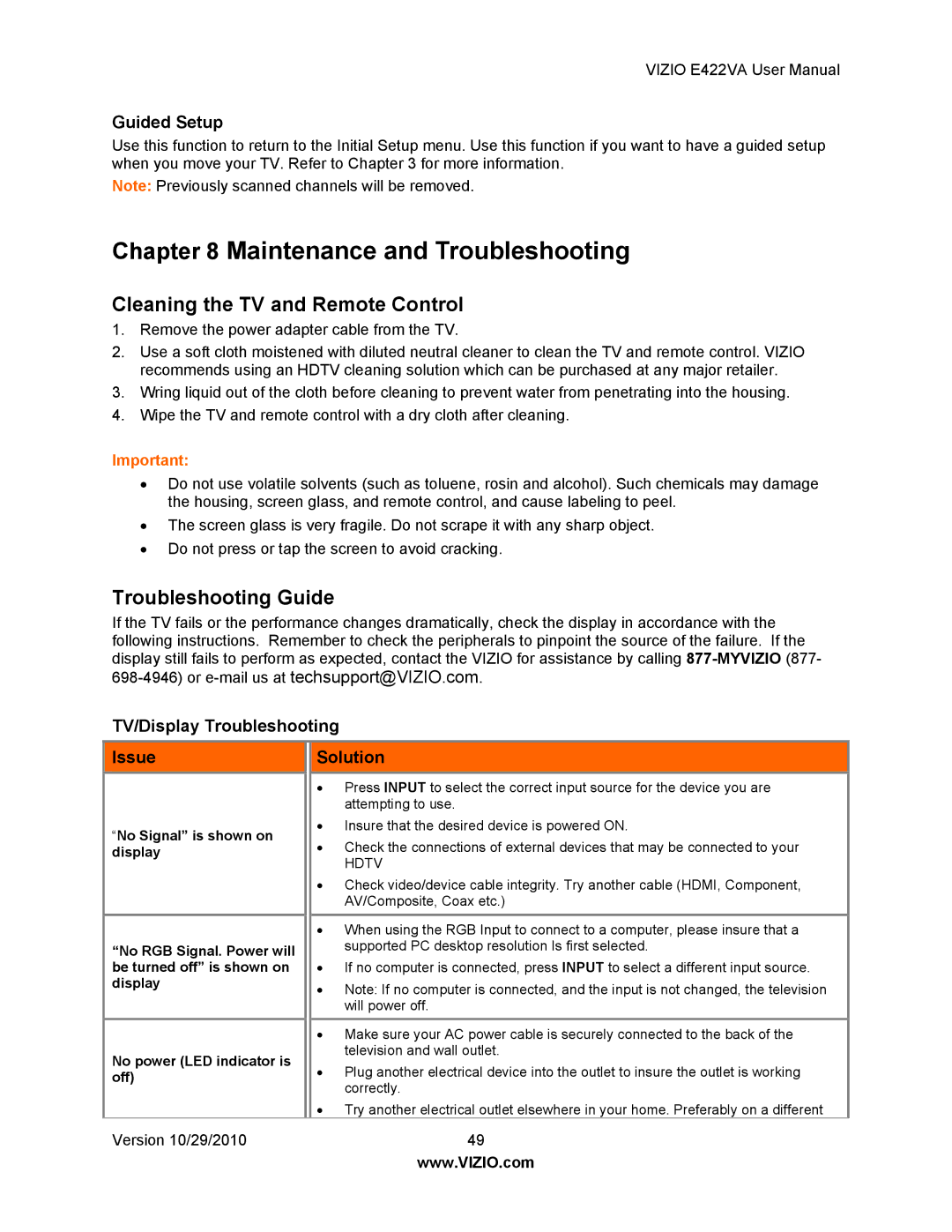 Xerox E422VA user manual Cleaning the TV and Remote Control, Troubleshooting Guide, Guided Setup 