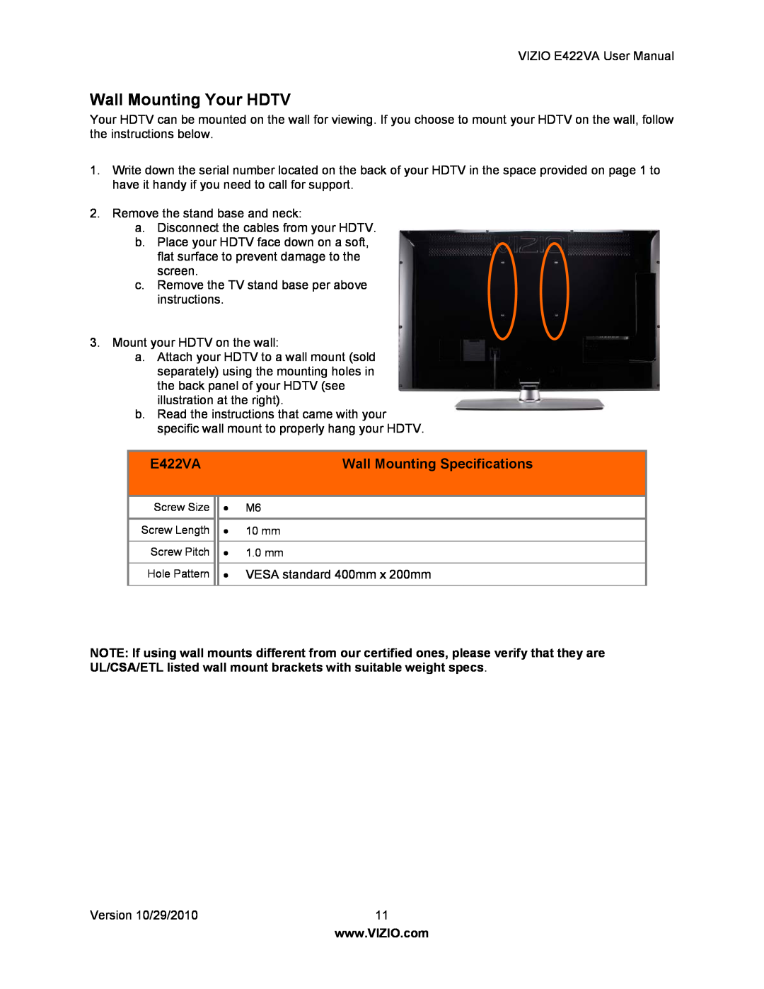 Xerox E422VA user manual Wall Mounting Your HDTV, Wall Mounting Specifications 