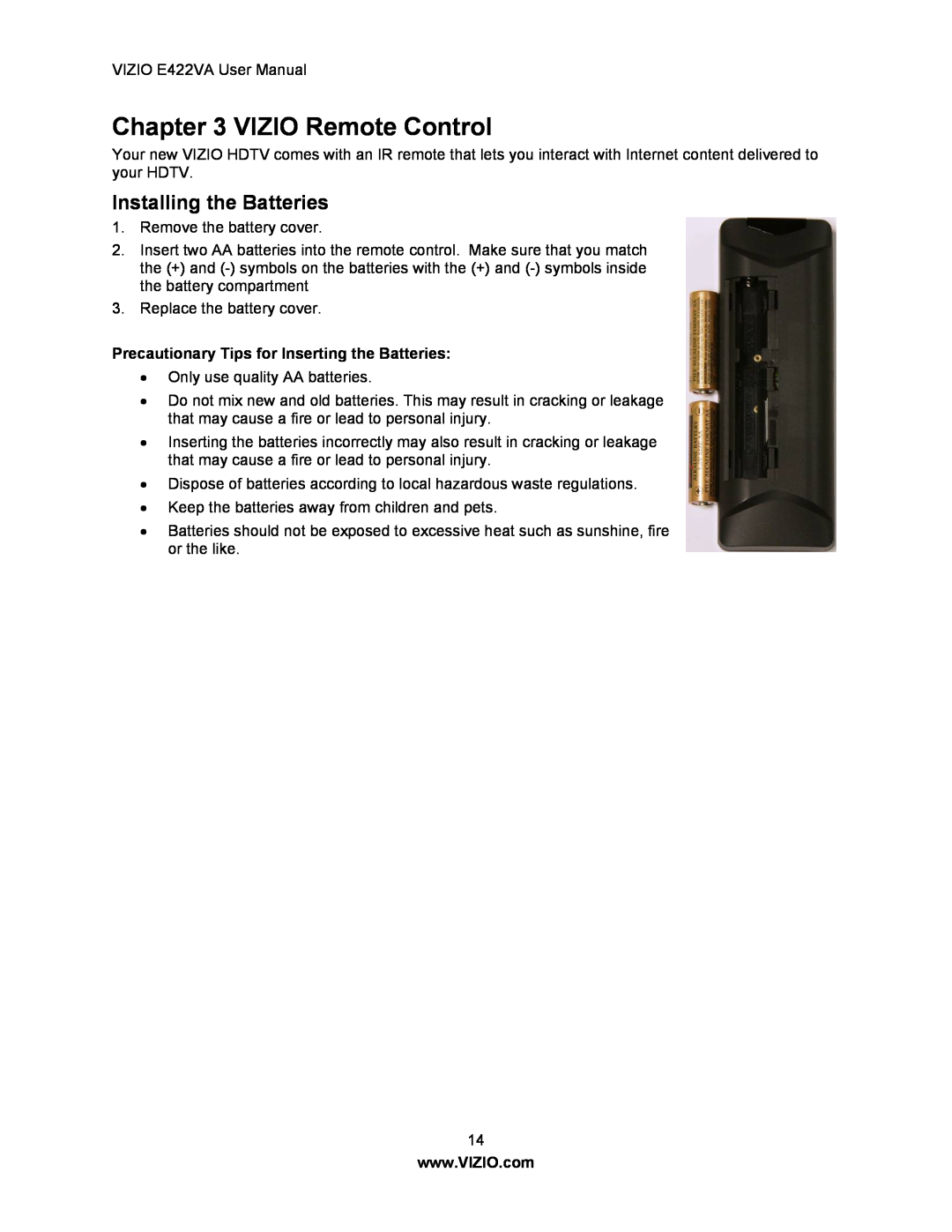 Xerox E422VA user manual VIZIO Remote Control, Installing the Batteries, Precautionary Tips for Inserting the Batteries 