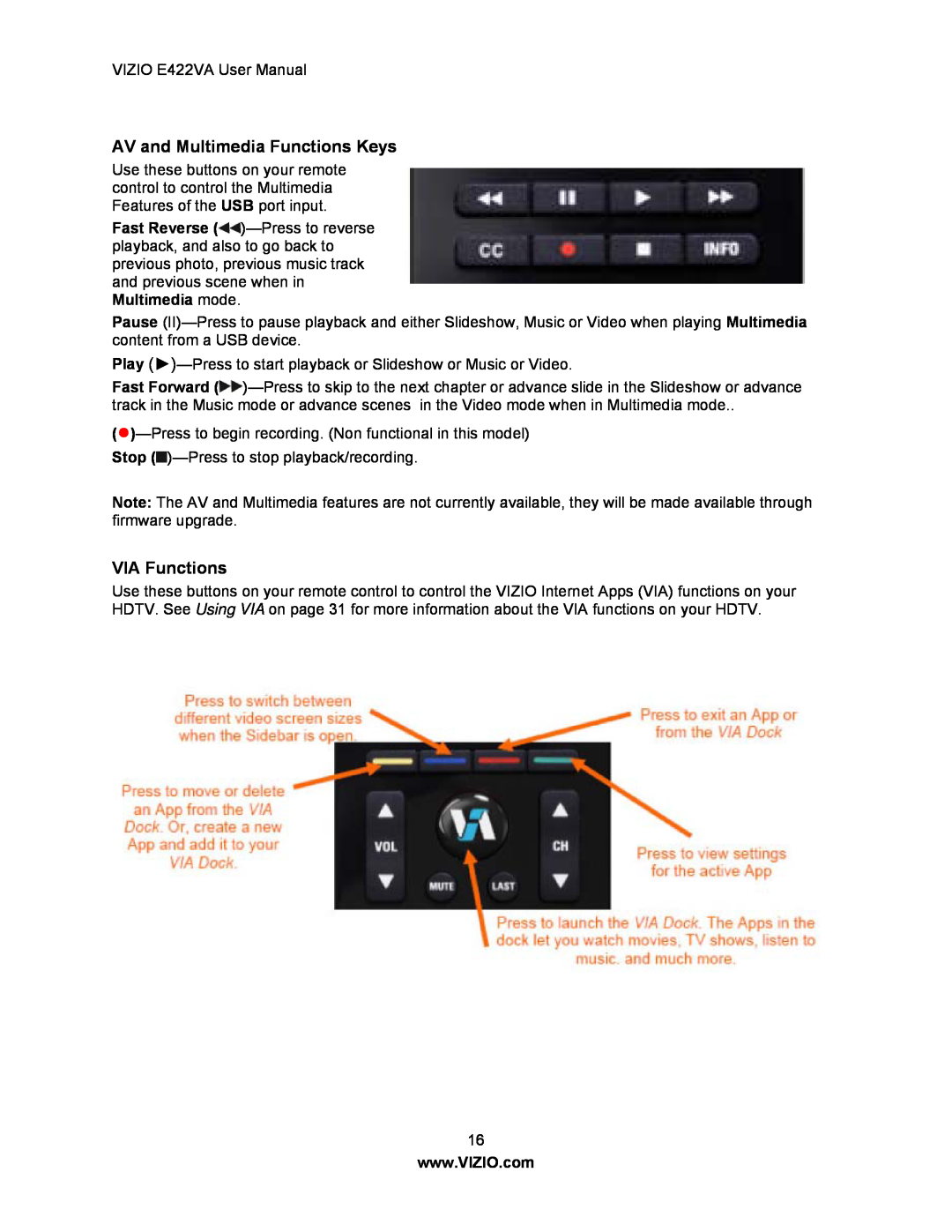 Xerox E422VA user manual AV and Multimedia Functions Keys, VIA Functions 