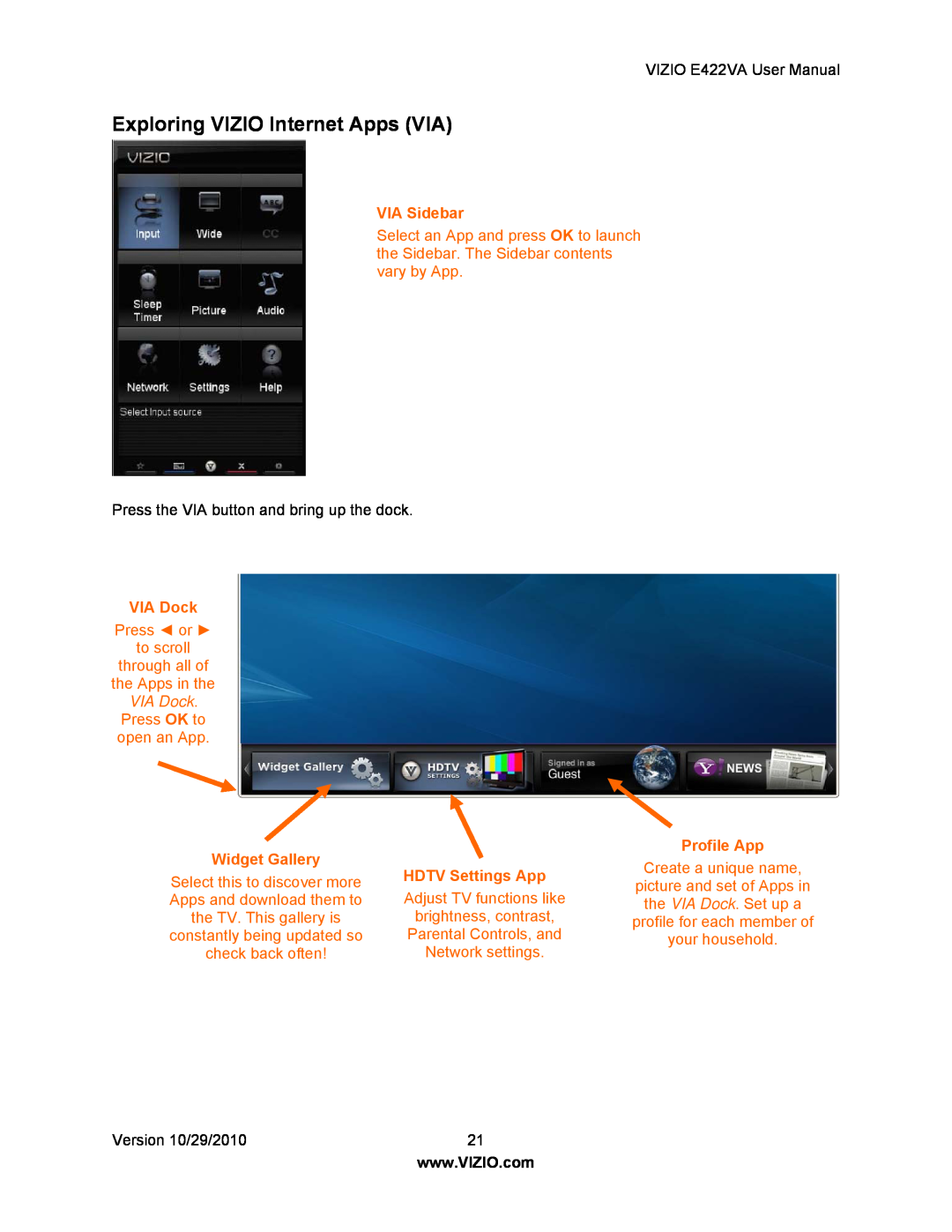 Xerox E422VA user manual Exploring VIZIO Internet Apps VIA, VIA Sidebar, VIA Dock, Profile App, HDTV Settings App 