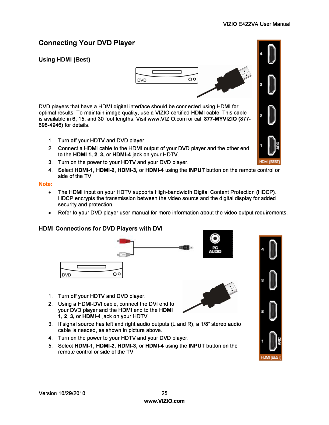 Xerox E422VA user manual Connecting Your DVD Player, HDMI Connections for DVD Players with DVI, Using HDMI Best 