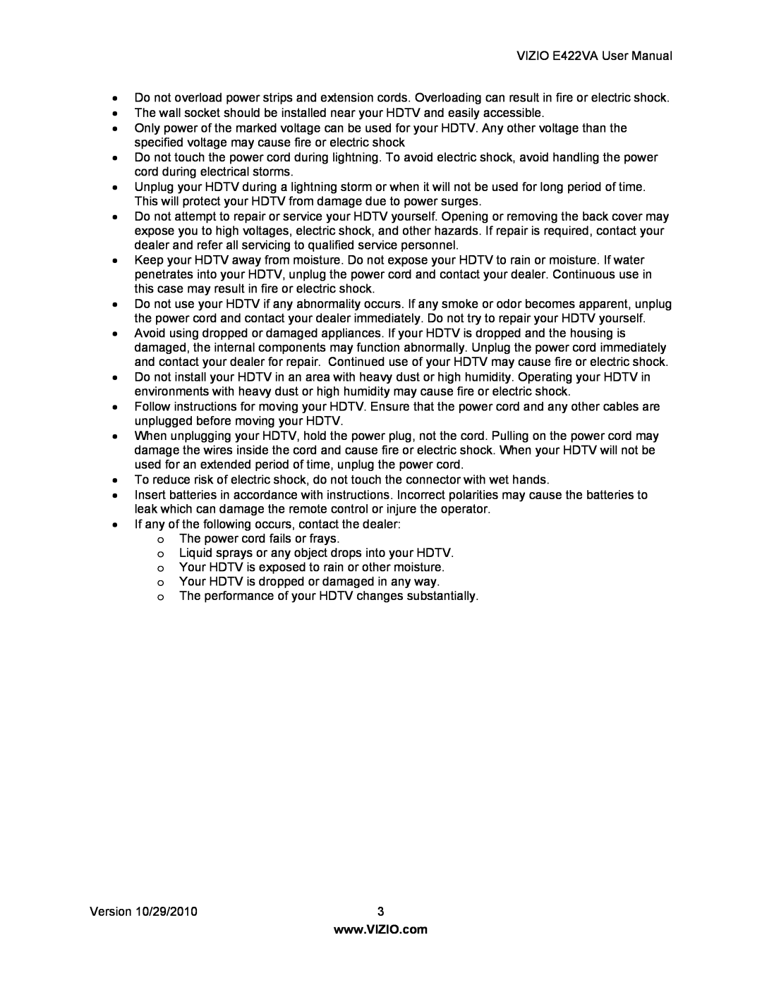 Xerox VIZIO E422VA User Manual, If any of the following occurs, contact the dealer, o The power cord fails or frays 