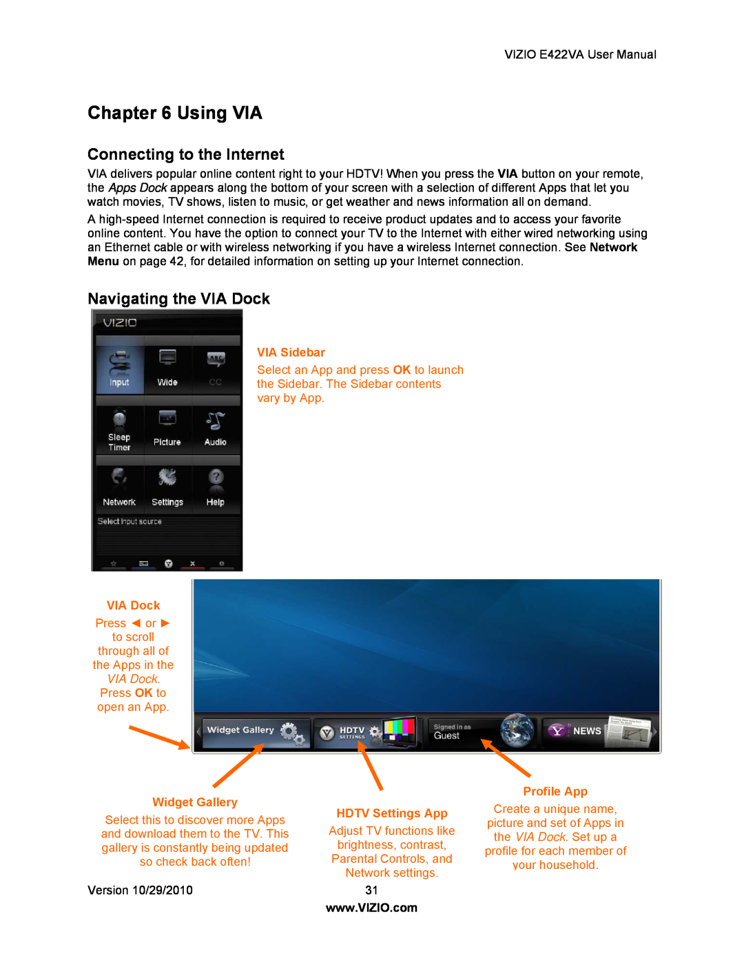 Xerox E422VA Using VIA, Navigating the VIA Dock, Connecting to the Internet, VIA Sidebar, HDTV Settings App, Profile App 