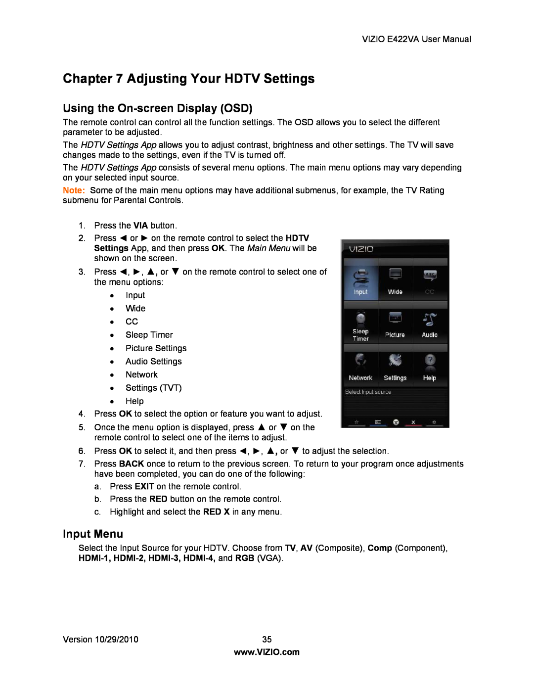 Xerox E422VA user manual Adjusting Your HDTV Settings, Using the On-screen Display OSD, Input Menu 
