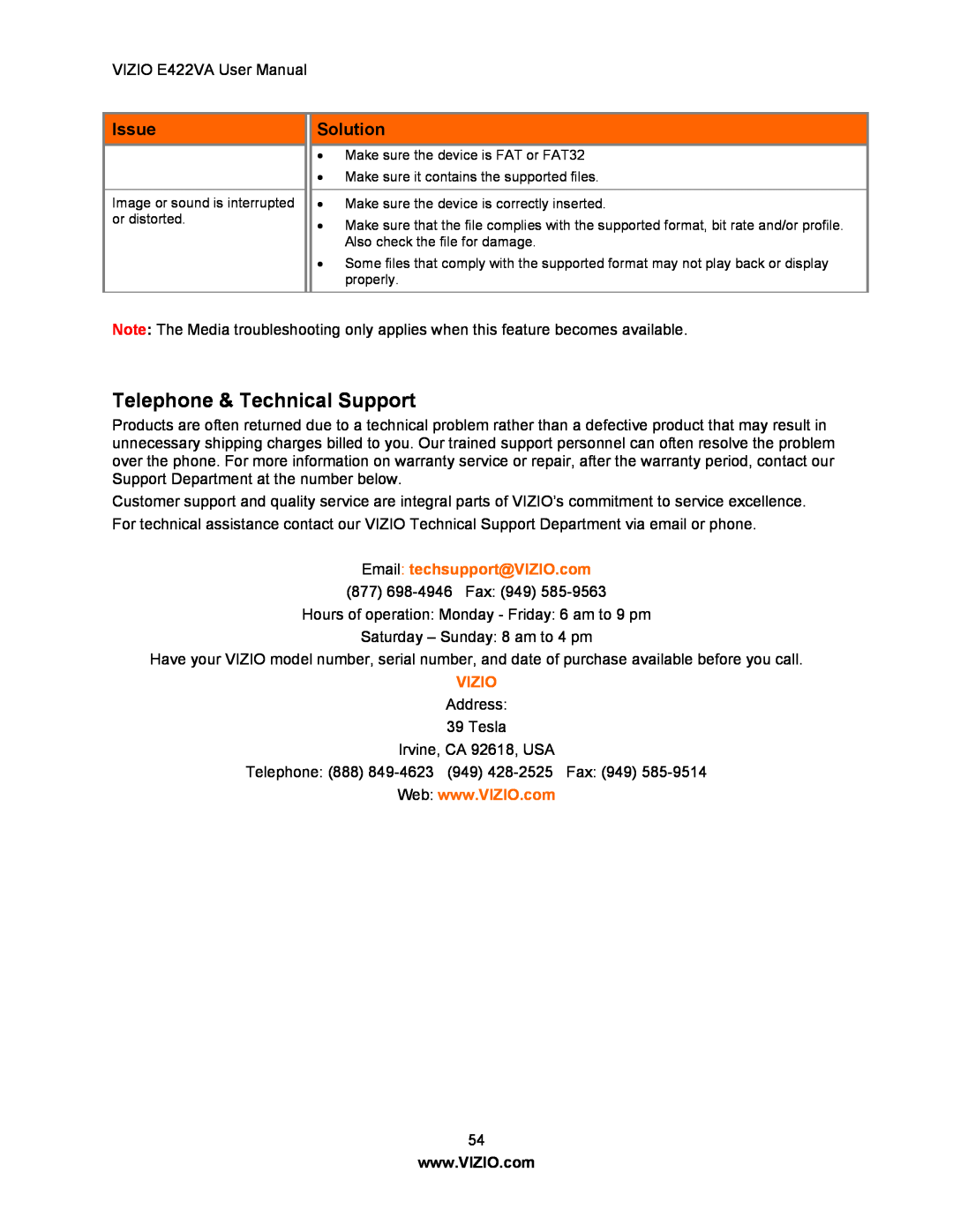 Xerox E422VA user manual Telephone & Technical Support, Email techsupport@VIZIO.com, Vizio, Issue, Solution 
