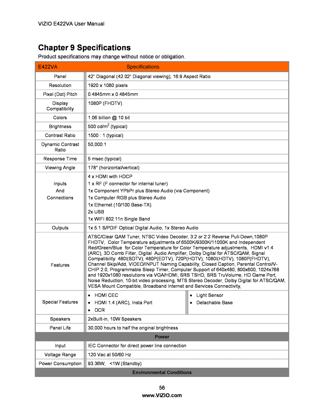 Xerox E422VA user manual Specifications, Power, Environmental Conditions 