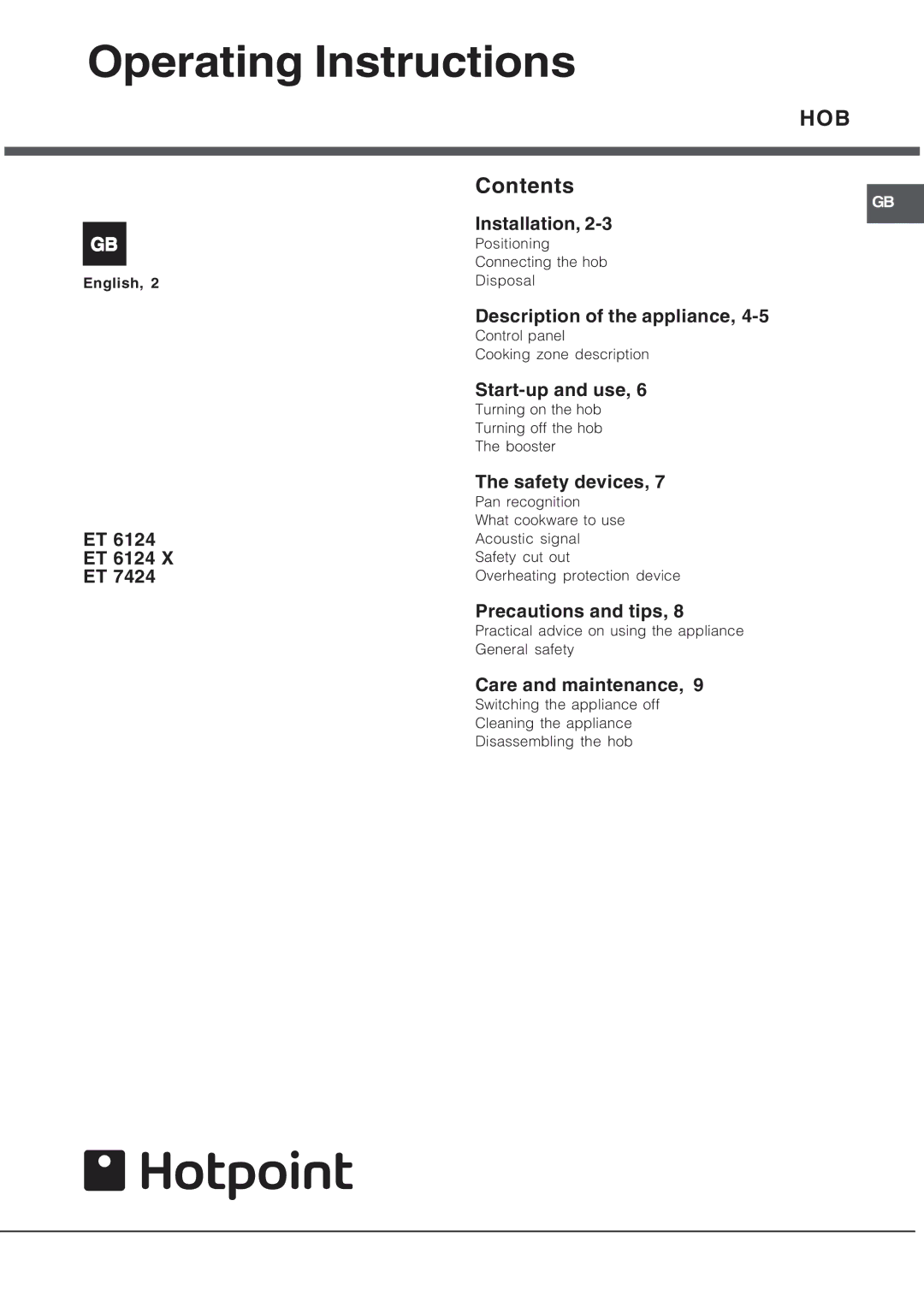 Xerox ET 6124 X, ET 7424 manual Operating Instructions, Hob 