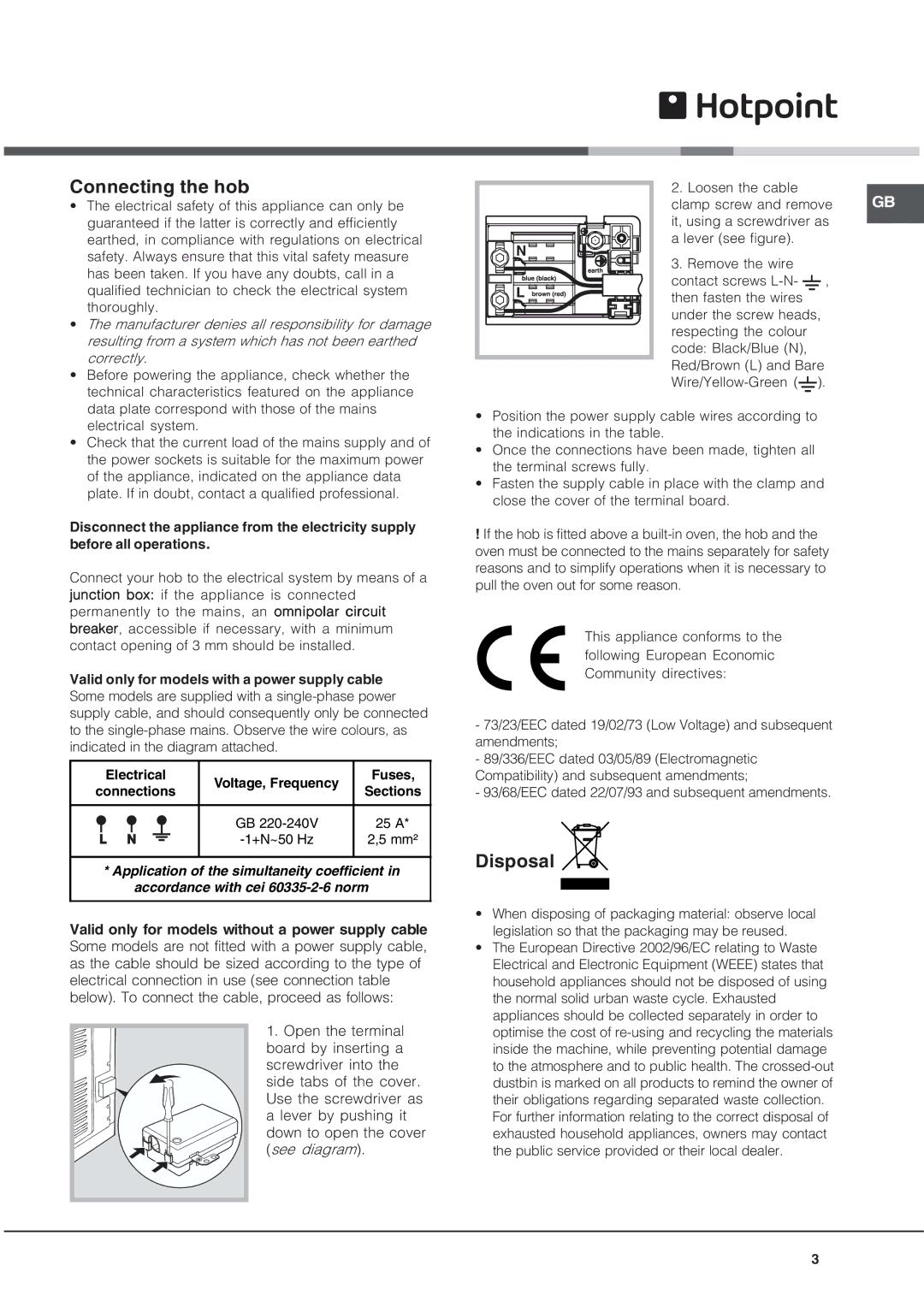 Xerox ET 6124 X, ET 7424 manual Connecting the hob, Disposal, Valid only for models without a power supply cable 