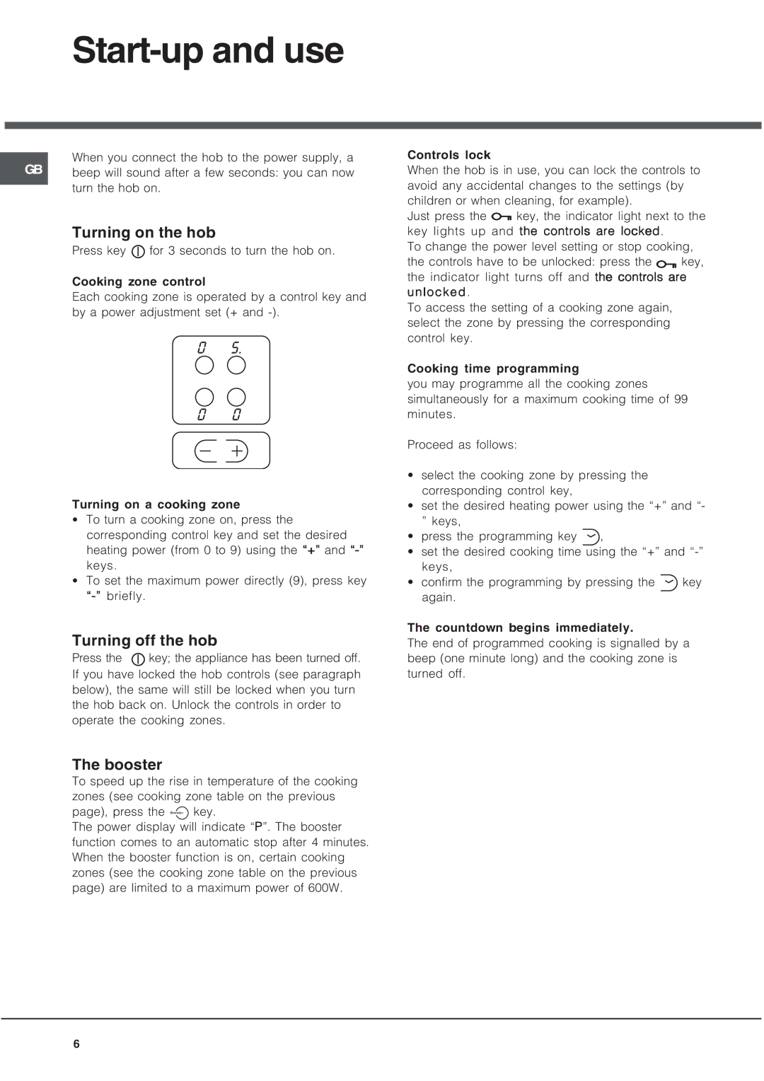 Xerox ET 6124 X, ET 7424 manual Start-up and use, Turning on the hob, Turning off the hob, Booster 