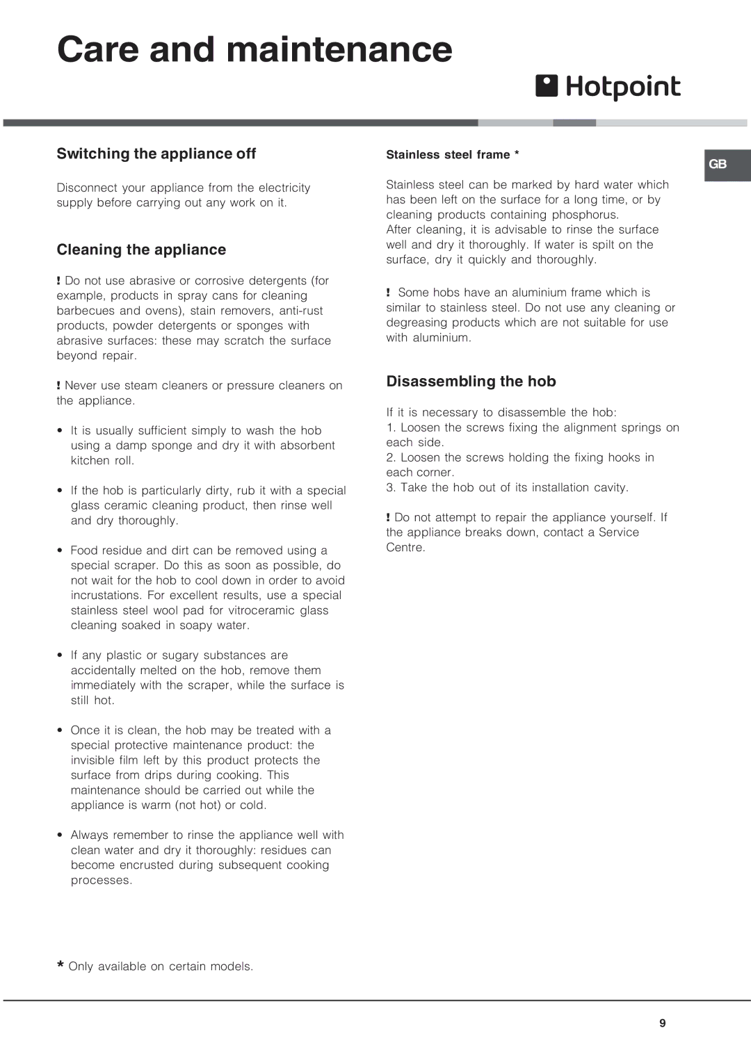 Xerox ET 6124 X manual Care and maintenance, Switching the appliance off, Cleaning the appliance, Disassembling the hob 